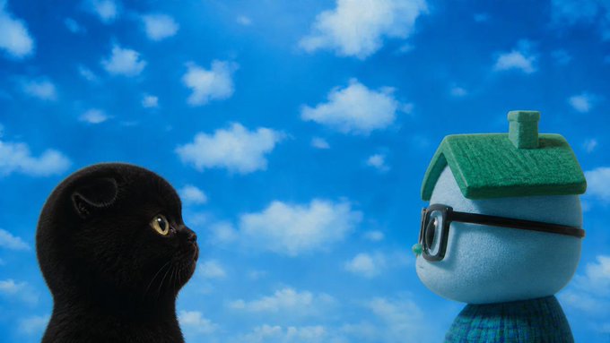 A black cat gazes intently at a plush figure resembling a character with a green roof hat, glasses, and snorkel against a backdrop of blue sky and clouds. The whimsical scene appears to playfully reference the post about marking a market "top" prediction a year later, with the cat possibly symbolizing cautious observation of the quirky market figure.