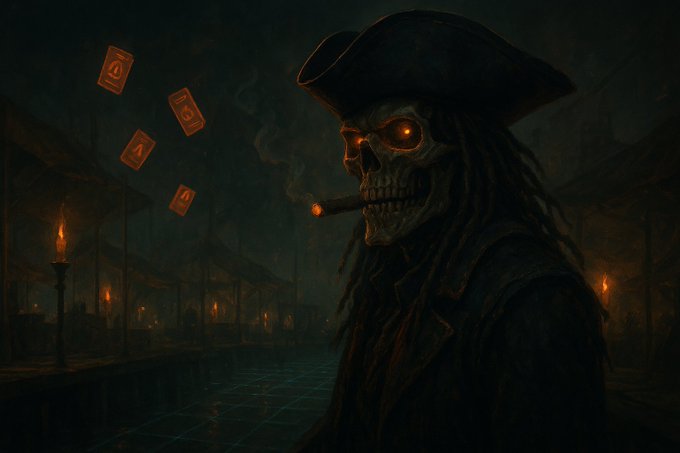 A skeletal pirate in a tricorne hat smokes a cigar in a dimly lit harbor, as glowing cards bearing the numbers 4 and 8 float in the air behind him. The undead imagery evokes a sense of unreliable, ghostly odds—contrasting the post's message that GraveDraw offers fully verifiable, self-custodied on-chain randomness with no hidden manipulation.