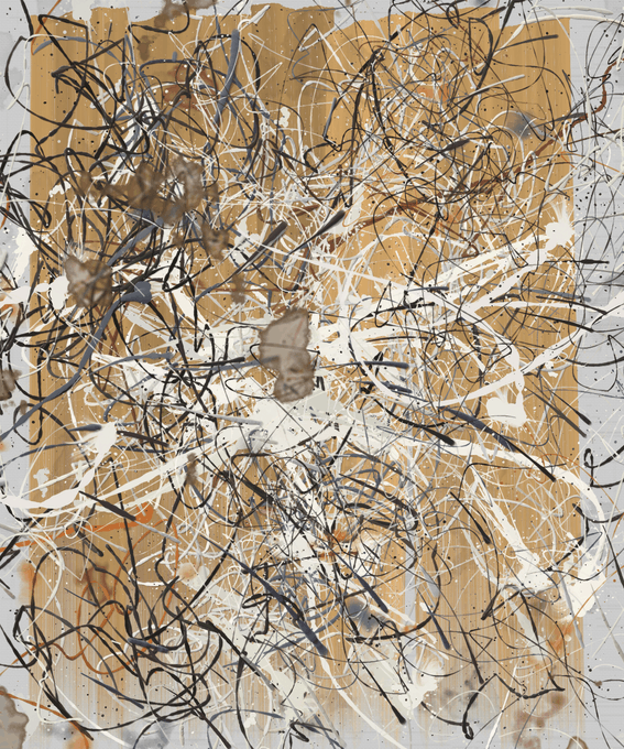 Abstract artwork featuring chaotic black, white, and blue paint splatters and drips over a tan/gold textured background.