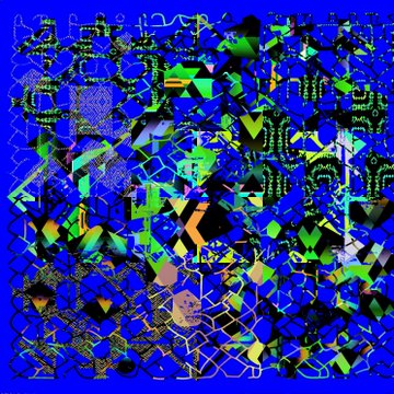 Abstract digital art or glitch art with a chaotic mix of blue, green, and black geometric patterns and fragmented shapes.