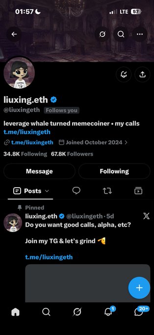 Screenshot of X profile @liuxing.eth with a blue verification badge, 67.8K followers and 34.8K following. The bio mentions “memecoiner” and “my calls t.me/liuxingeth,” while a pinned post asks, “Do you want good calls, alpha, etc?” and promotes joining “my TG” via t.me/liuxingeth.