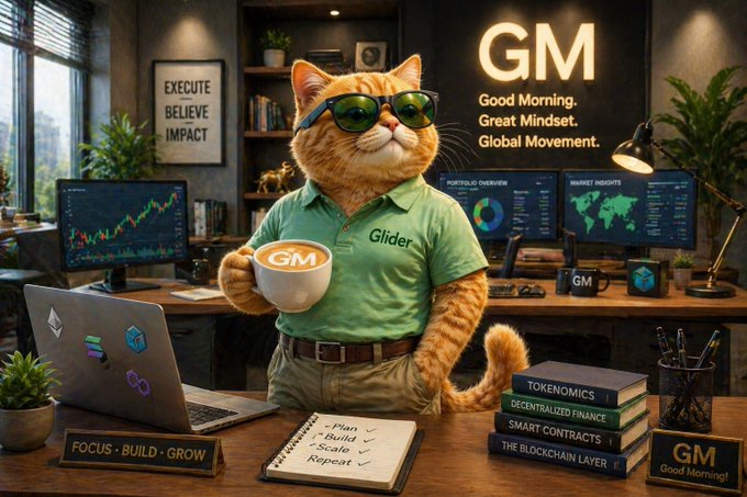 iced coffee, laptop, and plant populate a workspace with a cartoon cat wearing a green shirt and sunglasses, accompanied by a sign for "GGLider" and a logo for "Global Movement".