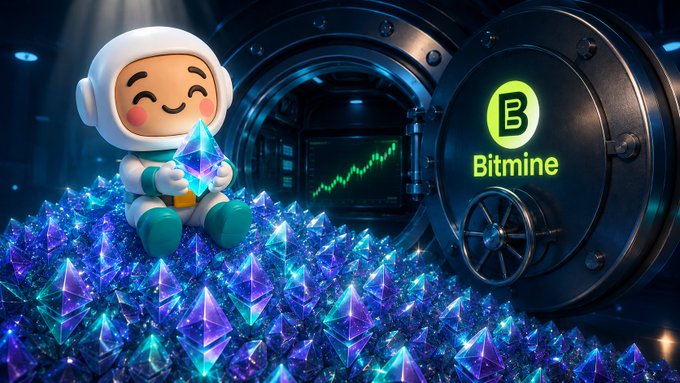 A promotional image featuring an astronaut figurine sitting on a pile of blue crystal gems next to a vault door marked with a 'B Bitmine' logo and a green chart.