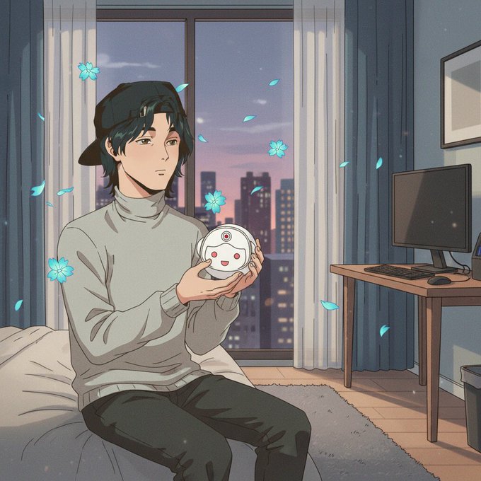 The image features a man sitting on a bed with his hands around a small white object. The man has a serious expression as he looks at something outside of the frame. The background shows a window, suggesting that they are indoors. There is also a computer monitor and keyboard visible in the room.
