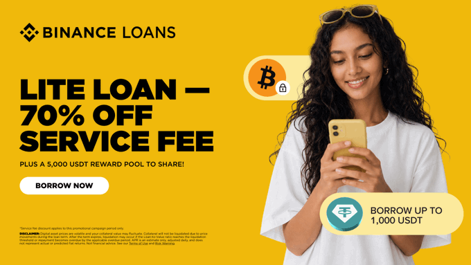 A bright yellow Binance Loans advertisement reading 'LITE LOAN – 70% OFF SERVICE FEE' plus a '5,000 USDT REWARD POOL TO SHARE!', featuring a smiling woman with curly hair looking at her phone, with 'BORROW NOW' and 'BORROW UP TO 1,000 USDT' buttons.