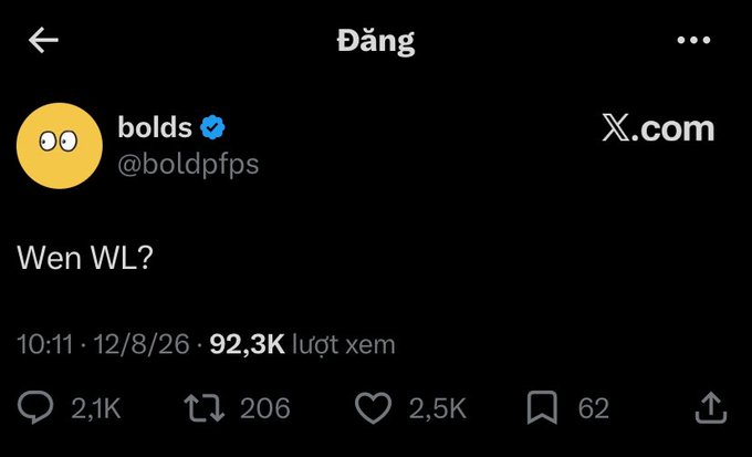 A screenshot of a post by @boldpfps on X.com reading "Wen WL?" with 92.3K views, 2.5K likes, and 2.1K replies, posted at 10:11 on 12/8/26. The post is relevant to the accompanying text about waiting for the wave on Robin to die down in order to secure a WL for the "Bolds" PFP collection.
