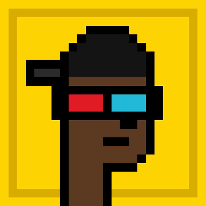 A pixel art character wearing a hat with red and blue 3D glasses against a yellow background.