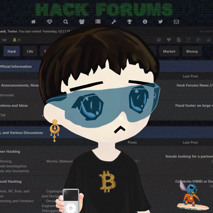 A cartoon avatar of a character wearing oversized blue sunglasses, a black Bitcoin t-shirt, and gold earrings, holding an iPod, set against a background of the 'HACK FORUMS' website.