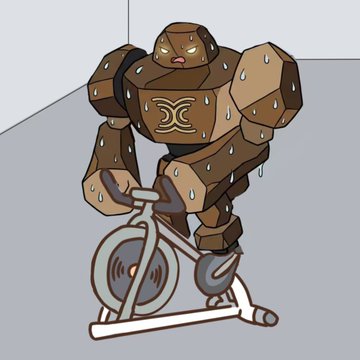 A chunky, stone-textured robot with glowing eyes and a chest emblem rides an exercise bike, sweating profusely. The image illustrates the post's metaphor of Rocky working out in a "private state"—his intense physical exertion is visible, but his inner metrics (limits, records, and mental focus) remain encrypted and unreadable, embodying Seismic's world of private yet verifiable effort.