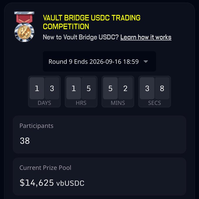 A countdown timer for the 'Vault Bridge USDC Trading Competition' Round 9, showing 38 participants and a prize pool of $14,625 vbUSDC.