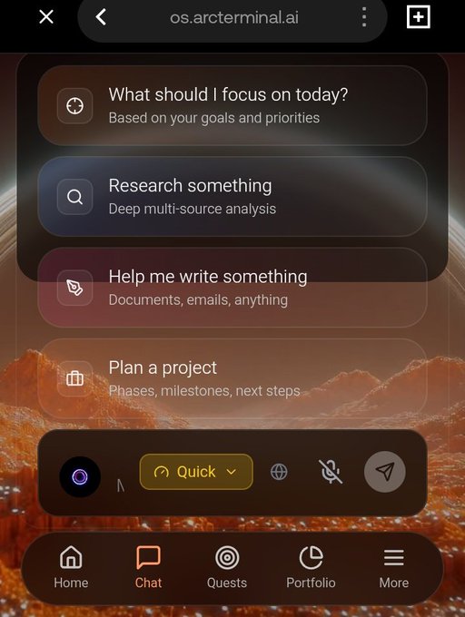 The image shows a phone screen displaying a list of tasks or questions that are related to the user's account on @TheARCTERMINAL. The app seems to be designed for users to engage with AI agents, explore new content, research topics, chat with others, and build habits in their daily routine.