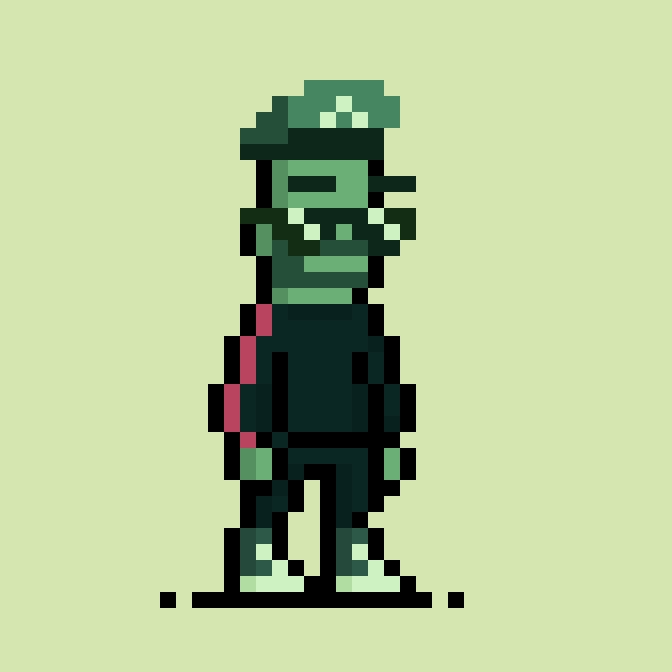 A pixel art illustration of a green-skinned character wearing dark clothing and a cap, set against a pale green background.