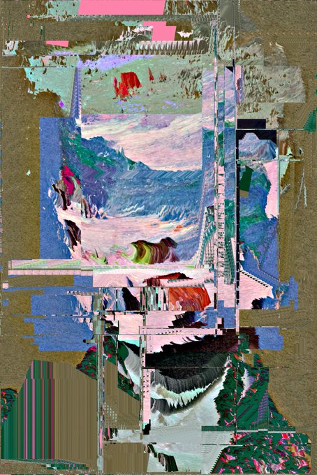 An abstract digital glitch art piece with torn and pixelated sections in shades of brown, green, blue, and pink.