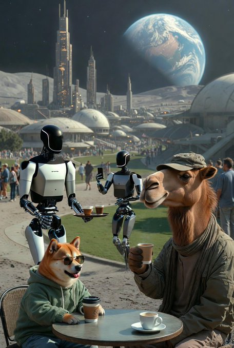 The image features a man sitting at a table with two dogs wearing sunglasses and holding cups of coffee. The background shows a cityscape with buildings and a planet, suggesting that they are in an urban setting or space-themed location. The caption on the image reads "Good Wednesday morning, $DOGE Legends! Gm, CX! Happy Hump Day! Dogecoin to the Moon!".