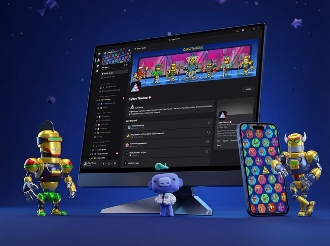 Marketing image for Cyber Thieves, a Discord community by Magic Eden, featuring robot NFT characters surrounding a desktop monitor showing the Discord interface and a mobile phone displaying NFT thumbnails.