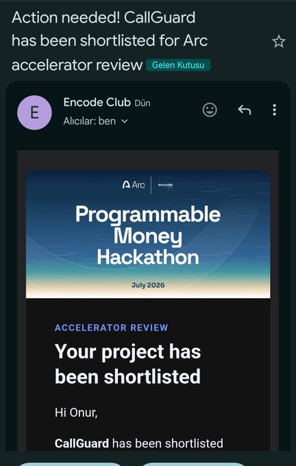 A screenshot of an email from Encode Club announcing that the project "CallGuard" has been shortlisted for the Arc accelerator review and the Programmable Money Hackathon in July 2026, directly supporting the post's excitement about being a solo builder shortlisted on Arc.