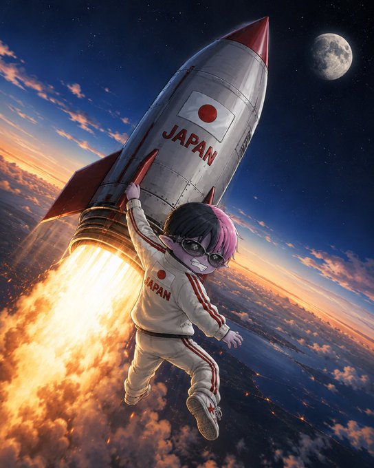 The image shows an anime-style character with pink hair wearing sunglasses and a "JAPAN" tracksuit, clinging to a launching rocket emblazoned with "JAPAN" and the Japanese flag as it blasts off toward the moon. This visual ties into the post's "to the moon" memecoin hype, humorously representing a Japanese-themed token rocketing skyward alongside Earth, clouds, and the lunar surface.