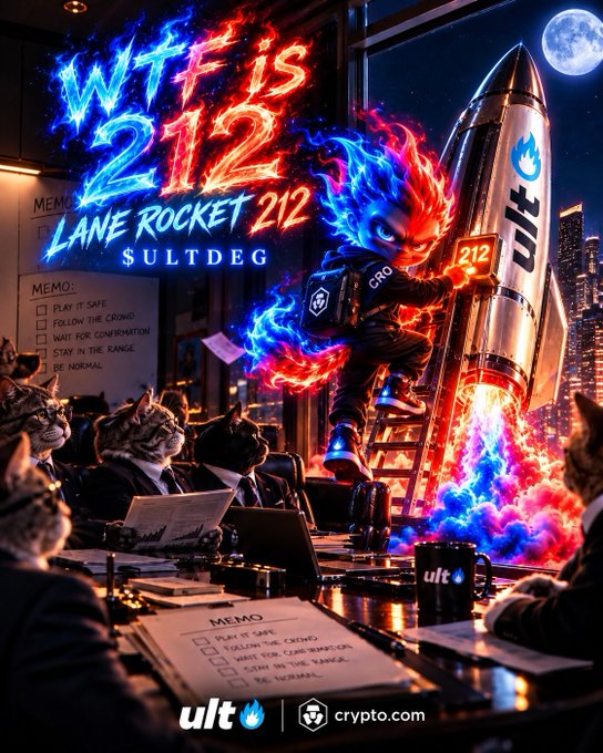 Vibrant promotional graphic reading 'WTF IS 212 LANE ROCKET 212 SULTDEG' featuring a child with fiery hair beside a rocket, with cats in suits at a table; crypto.com logo at bottom.
