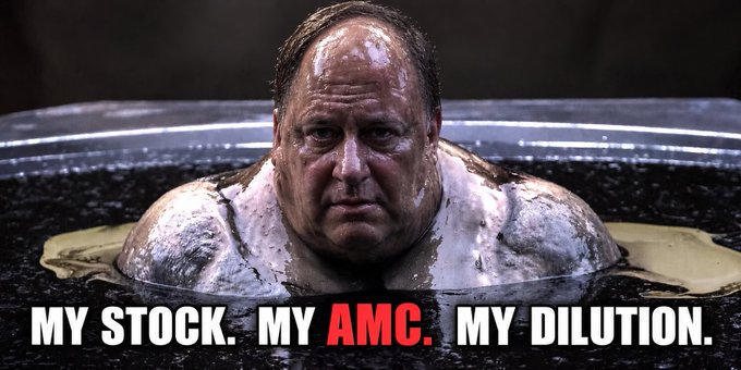 A still from the movie Jurassic Park featuring actor Jon Hamm(?) submerged in a tub of mud or tar, with humorous edited text reading 'MY STOCK. MY AMC. MY DILUTION.' referencing AMC stock dilution.