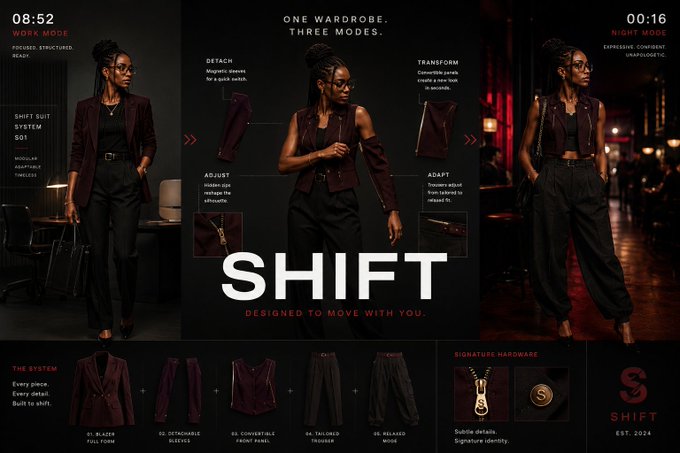 A fashion advertisement for 'SHIFT' showcases a modular wardrobe system with the tagline 'ONE WARDROBE. THREE MODES.' and 'DESIGNED TO MOVE WITH YOU,' displaying a woman transitioning from Work Mode to Night Mode.
