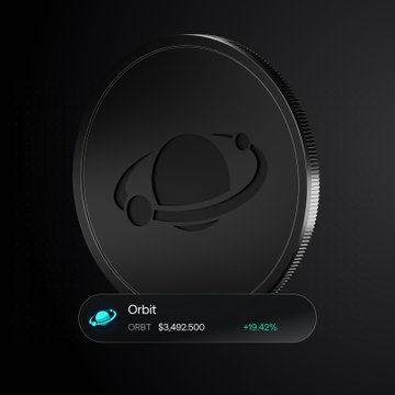 A 3D rendered black cryptocurrency coin with a planet/orbit logo labeled 'Orbit' with the ticker ORBIT showing a price of $3,492,500 and a +9.42% gain.