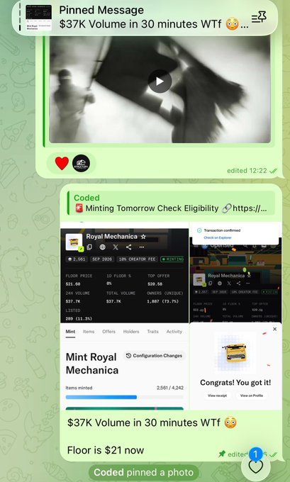 Telegram chat screenshot showing a pinned message titled '$37K Volume in 30 minutes WTF' with a blurred video, followed by a message from 'Coded' about 'Minting Tomorrow Check Eligibility' linking to https://, displaying trading data for 'Royal Mechanica' on Magic Eden, and text reading '$37K Volume in 30 minutes WTF, Floor is $21 now'.