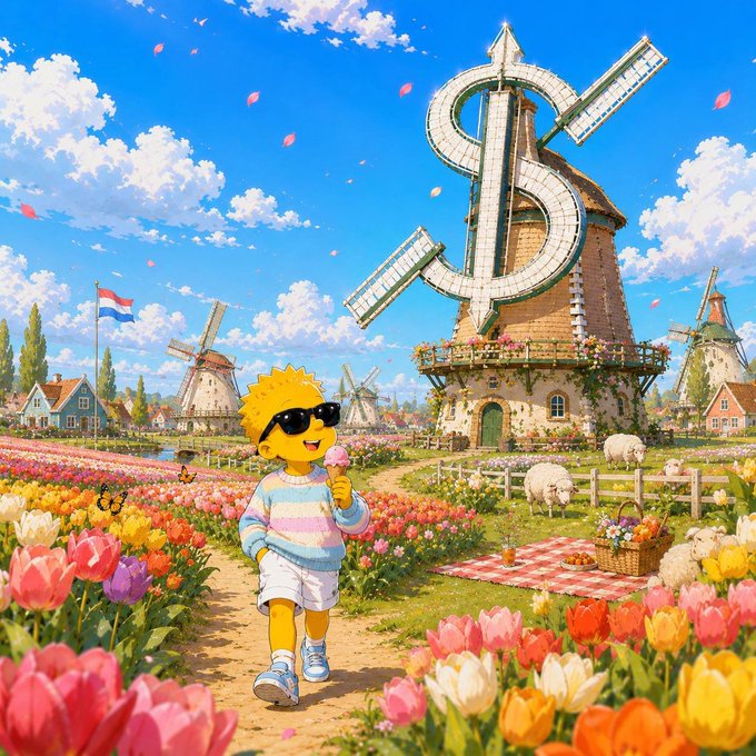 A colorful anime-style illustration of Lisa Simpson wearing sunglasses and eating ice cream while walking through a vibrant Dutch tulip field with a windmill shaped like a dollar sign in the background, along with sheep and a picnic setup.