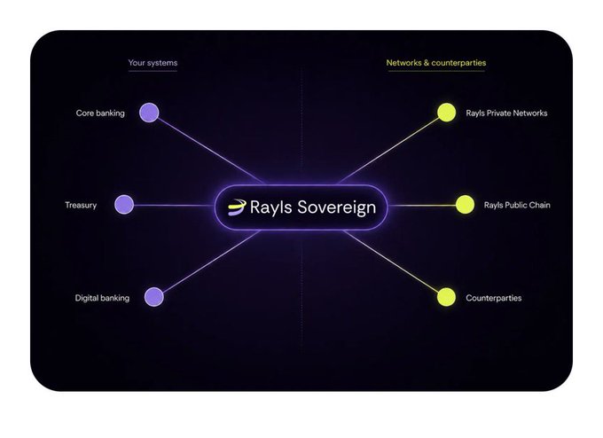A diagram showing 'Rayls Sovereign' connecting 'Your systems' (Core banking, Treasury, Digital banking) with 'Networks & counterparties' (Rayls Private Networks, Rayls Public Chain, Counterparties).