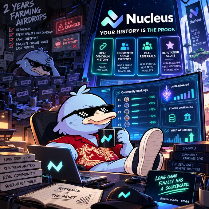 A promotional graphic for 'Nucleus' with the tagline 'YOUR HISTORY IS THE PROOF,' featuring a cartoon duck wearing 'deal with it' sunglasses sitting in a chair surrounded by monitors showing wallet rankings, Aura rewards, and staking governance.
