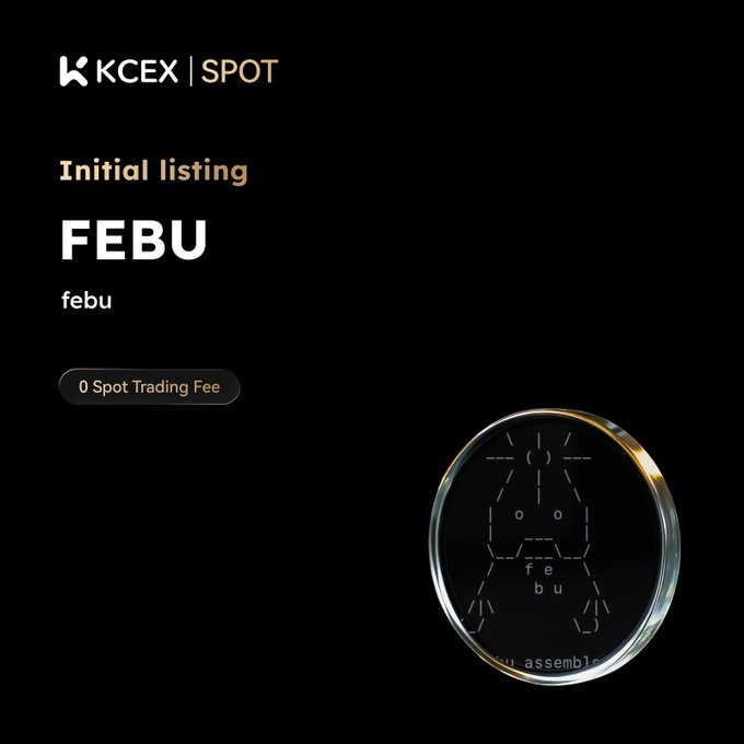 A KCEX | SPOT exchange announcement for the 'Initial listing' of the FEBU token, featuring '0 Spot Trading Fee' and an image of a transparent crystal/coin engraved with an igloo-like logo and the letters 'f e b u'.