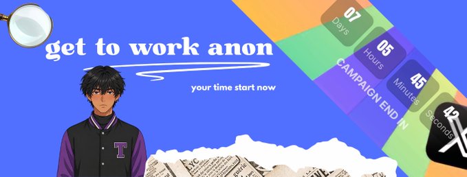 The image is a campaign promotion graphic featuring an anime-style character in a purple varsity jacket with a "T" emblem, set against a bold blue background with countdown timers showing 07 Days, 05 Hours, 45 Minutes, and 42 Seconds remaining. The text reads "get to work anon" and "your time start now," visually reinforcing the urgency of the 7-day deadline for the @timesoulcom campaign with $23k+ at stake mentioned in the post.