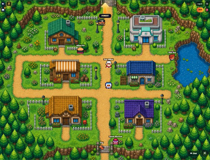 The image shows an old town with a small village of houses situated around a pond, surrounded by trees. The town appears to be in need of a full visual redesign as indicated by the caption "The Soltokemons world is getting a full visual redesign. We started where every journey begins Willow Town. A hand-painted overworld, real depth, a whole new feel. And this is just map #1. Every map is getting redesigned. Here'S the first look. Play free at". The image focuses on the village and its surroundings, highlighting the need for improvement in the town's layout and design.