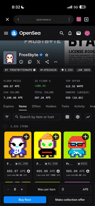 A mobile screenshot of the OpenSea marketplace shows the Frostbyte NFT collection on ApeChain, with a floor price of 665.97 APE and a 1D floor change of +205.5%, alongside three pixel-art character listings priced at 665.97-665.99 APE. The image directly illustrates the poster's boast about their "bags mooning on apechain" by showcasing the dramatic 205.5% surge in the Frostbyte collection's floor price.