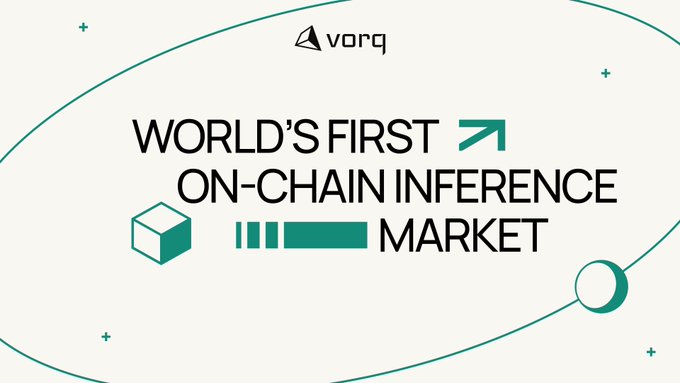 A promotional graphic for 'vorq' declaring it as the 'WORLD'S FIRST ON-CHAIN INFERENCE MARKET' with teal and black text on a white background.