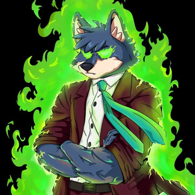 An anthropomorphic wolf or husky character in a brown suit, white shirt, and teal tie stands with crossed arms, surrounded by bright green flames with glowing green eyes.