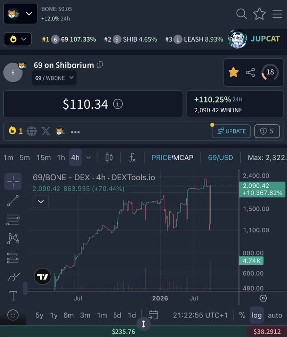 A DexTools cryptocurrency chart showing the price of the 69 token on Shibarium (69/BONE), currently at $110.34 with a +110.25% 24h increase.