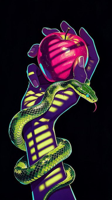 A digital artwork depicts a purple hand holding a glowing red apple wrapped by a green snake with cyan highlights against a black background.