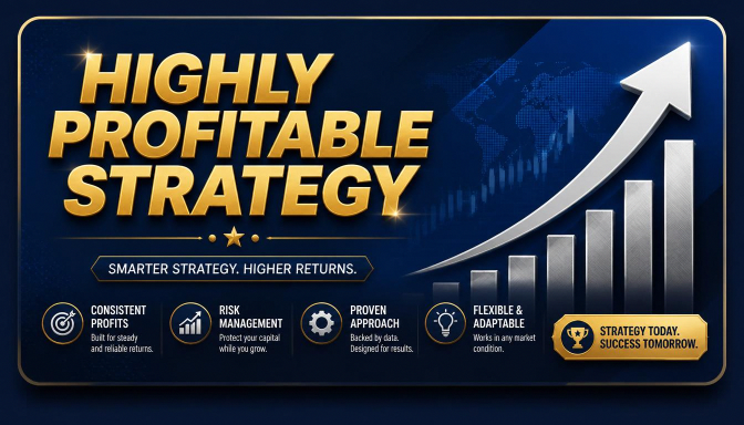 The image features a poster with a blue background, white text, and an upward-pointing arrow. The poster has a gold border that reads "Highly Profitable Strategy" at the top. Below this title, there are several icons representing different aspects of a successful business strategy, such as "Smart Strategy", "Higher Return", "Profitability", and "Design for Success". These icons are arranged in a visually appealing manner on the poster, with each icon clearly labeled to provide information about its purpose or function. The overall design of the poster is simple yet effective, making it easy to understand and remember the key points related to profitability and strategy.