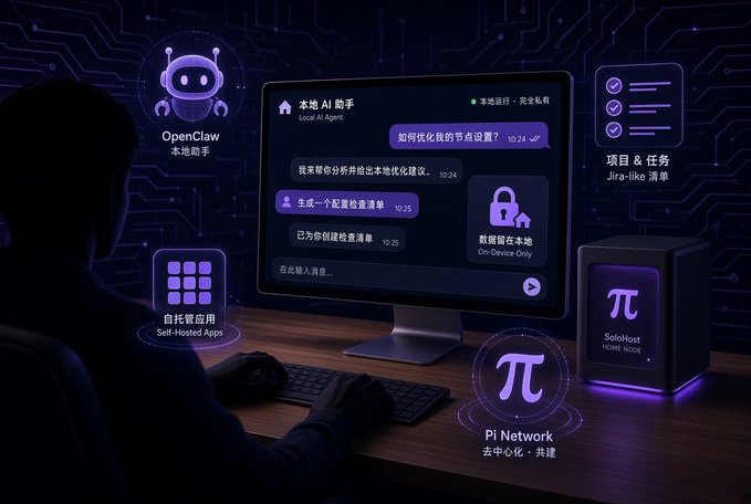 A person uses a computer displaying '本地 AI 助手' (Local AI Agent) with features like 'OpenClaw', 'Self-Hosted Apps', 'Pi Network', and 'SoloHost HOME NODE' on the screen.
