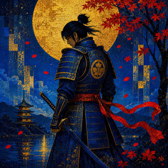 A samurai in blue armor with a red sash stands beneath a golden full moon, with red maple leaves falling around him and a pagoda reflected in the water—evoking the "Touch of Red" theme of the artwork's title, where red accents (sash, leaves) punctuate the serene blue and gold palette.