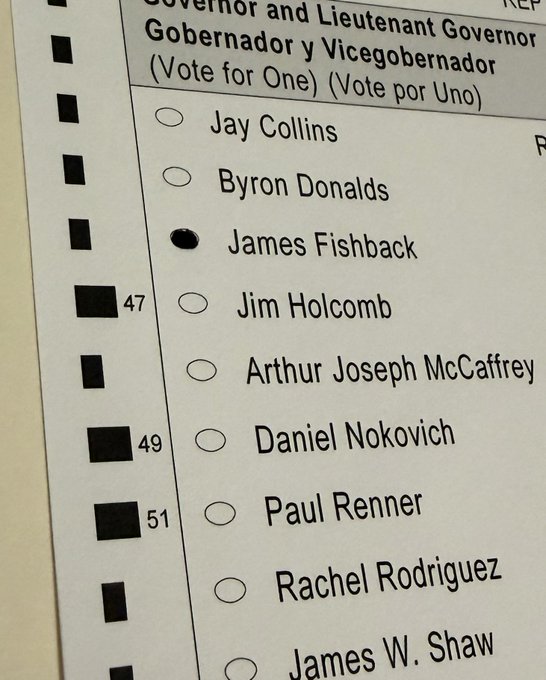A close-up of a paper ballot in English and Spanish ('Governor and Lieutenant Governor / Gobernador y Vicegobernador'), showing candidates including Jay Collins, Byron Donalds, James Fishback (marked/filled in), Jim Holcomb, and Arthur Joseph McCaffrey.