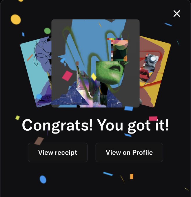 A celebratory digital interface with confetti displaying 'Congrats! You got it!' alongside abstract NFT artwork and buttons for 'View receipt' and 'View on Profile'.
