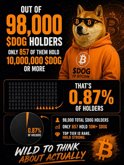 An orange and black promotional graphic featuring a Shiba Inu dog wearing sunglasses and a hoodie stating '$DOG OF BITCOIN', with statistics showing out of 98,000 $DOG holders, only 857 hold 10,000,000 or more, making up 0.87% of holders.