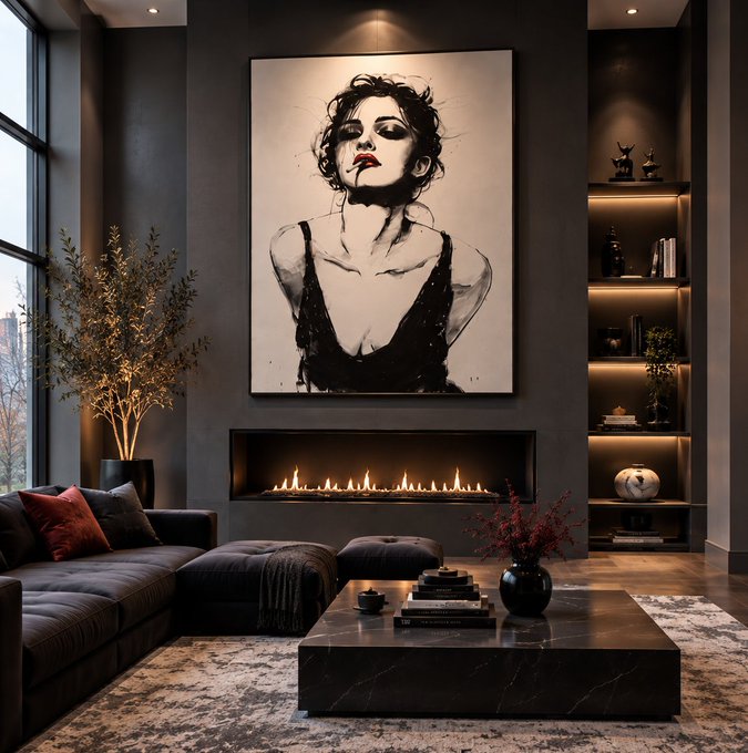 A modern, moody living room interior featuring a large black-and-white portrait of a woman above a linear gas fireplace, a dark sectional sofa, a marble coffee table, and built-in shelving.