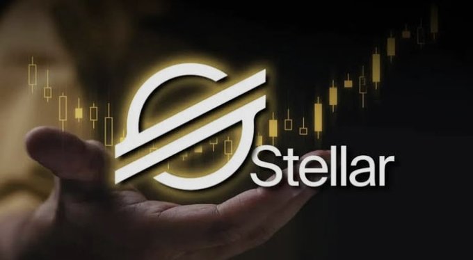 A glowing Stellar (XLM) cryptocurrency logo appears over a hand with a stock market chart in the background.