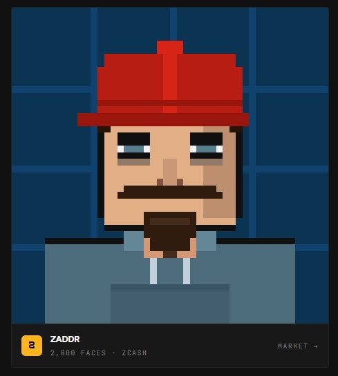 Pixel art NFT card showing a character named ZADDR wearing a red hat with 2,800 faces on ZCASH, ranked number 8 on the Market.