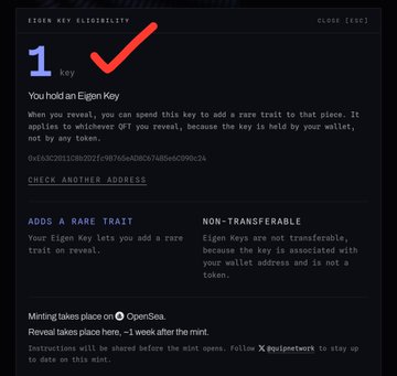 An OpenSea "EIGEN KEY ELEGIBILITY" screen confirming the user holds 1 Eigen Key with a red checkmark, explaining it adds a rare trait to a location upon reveal and is non-transferable, with minting instructions and a link to xpointwork Twitter.