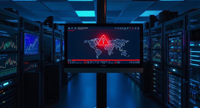 A 3D-rendered image of a server room with a central monitor displaying a world map and a red warning triangle, surrounded by racks of glowing servers and trading charts.