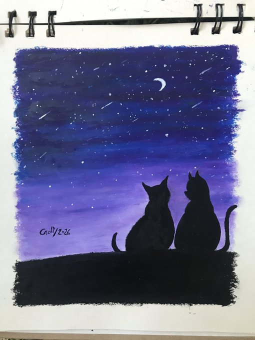 An acrylic painting on a sketchbook page depicting the silhouettes of two cats sitting together on a hill, gazing at a starry purple night sky with a crescent moon, signed 'Grolf 2026'.