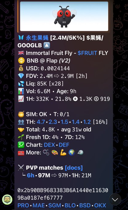 A mobile screenshot displaying crypto data for 'Immortal Fruit Fly - $FRUIT FLY', showing FDV, Liquidity, Volume metrics, and various exchange logos including PRO, MAE, SGM, BLO, BSD, and OKX.